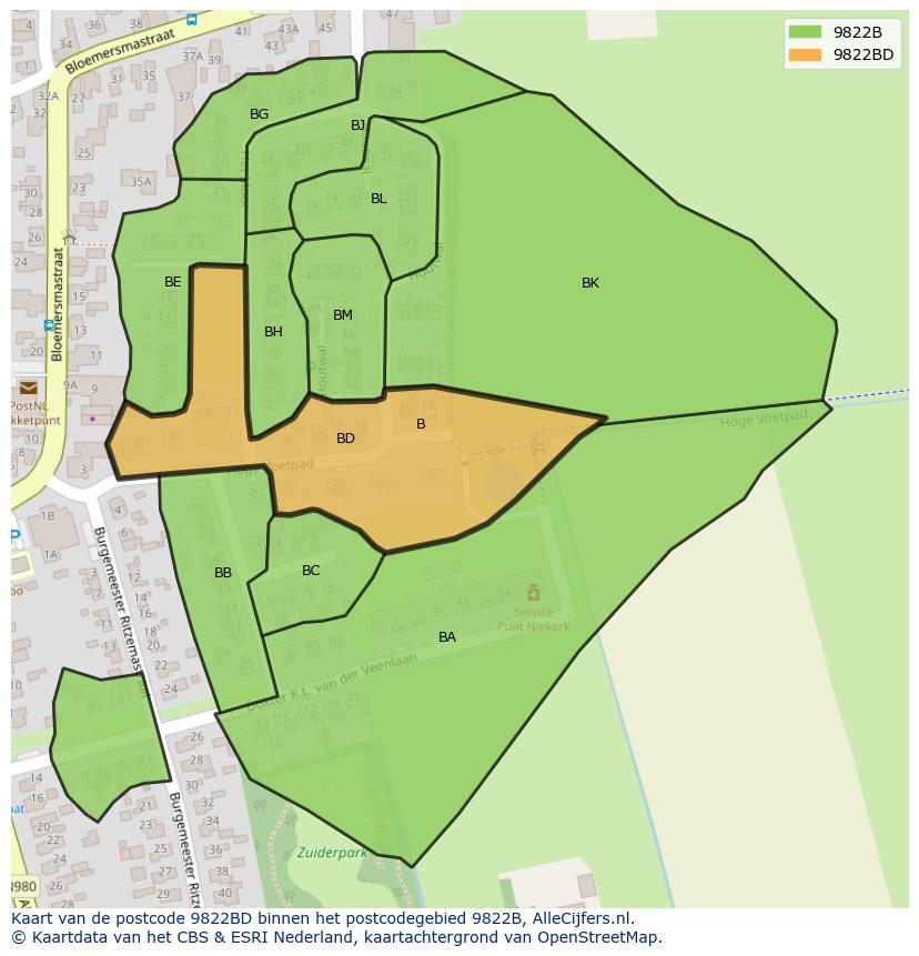 Afbeelding van het postcodegebied 9822 BD op de kaart.