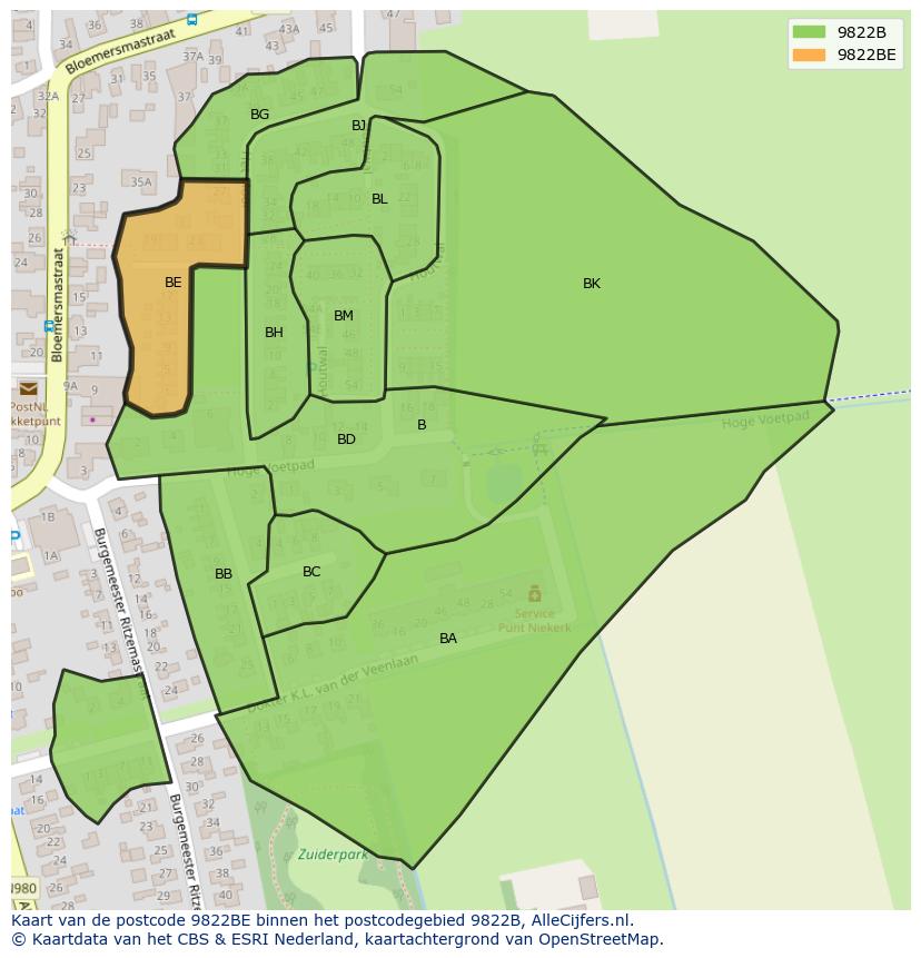 Afbeelding van het postcodegebied 9822 BE op de kaart.