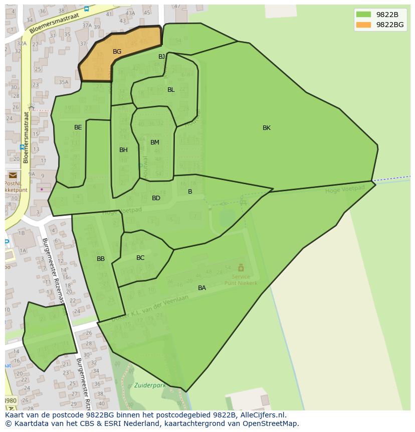 Afbeelding van het postcodegebied 9822 BG op de kaart.