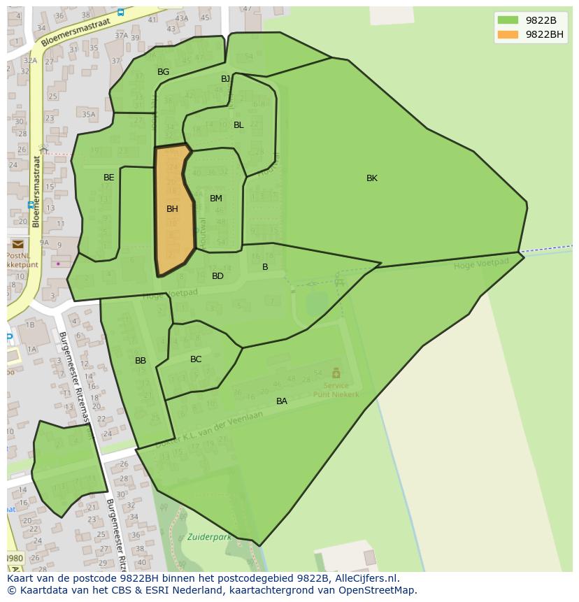 Afbeelding van het postcodegebied 9822 BH op de kaart.