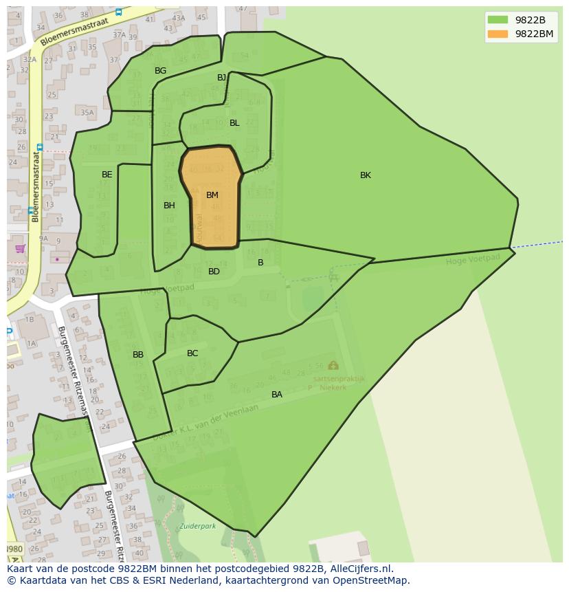 Afbeelding van het postcodegebied 9822 BM op de kaart.