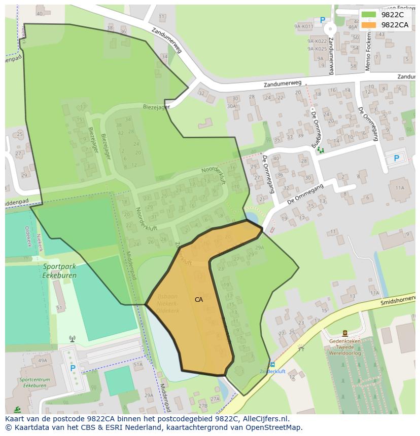 Afbeelding van het postcodegebied 9822 CA op de kaart.