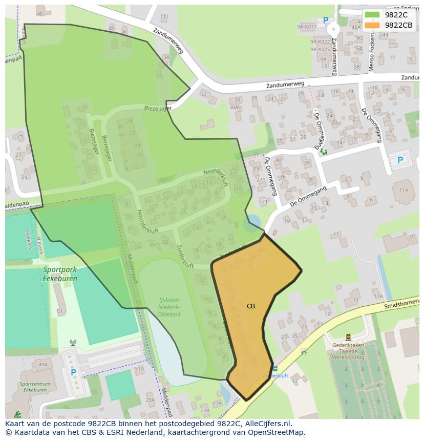 Afbeelding van het postcodegebied 9822 CB op de kaart.