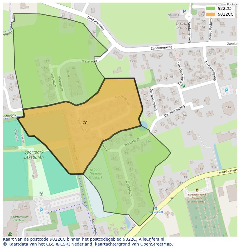 Afbeelding van het postcodegebied 9822 CC op de kaart.