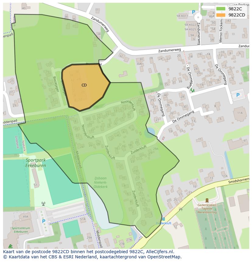 Afbeelding van het postcodegebied 9822 CD op de kaart.