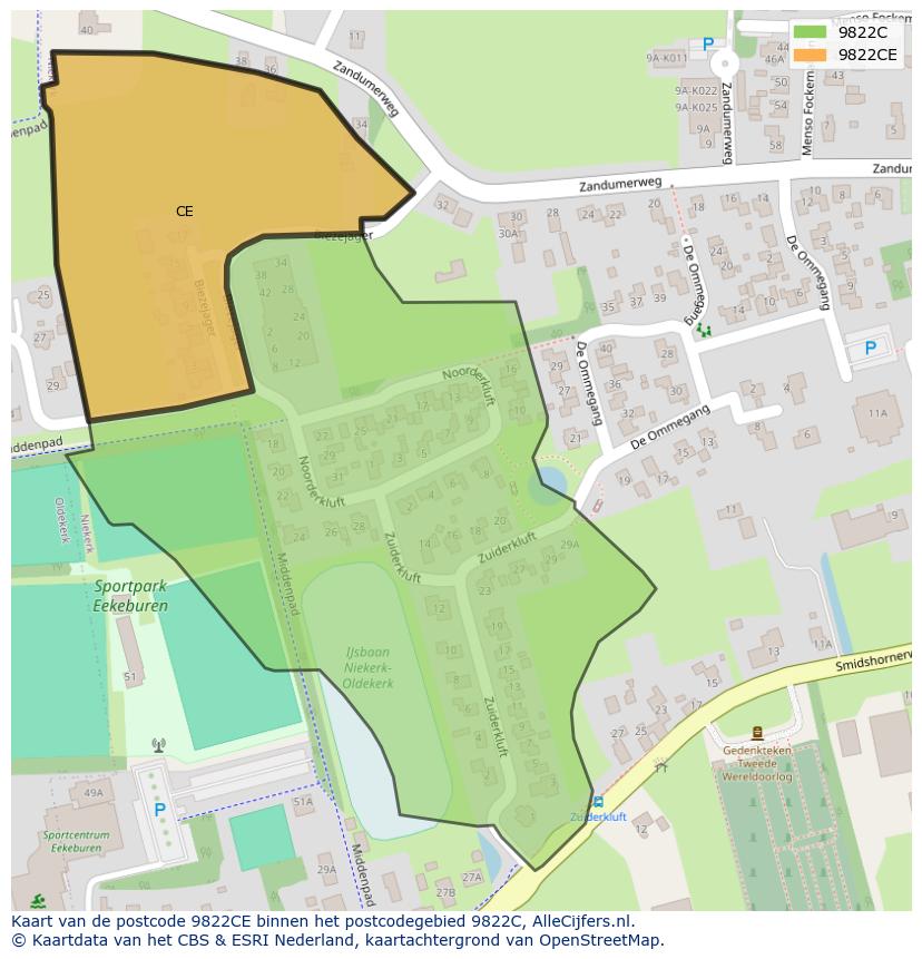 Afbeelding van het postcodegebied 9822 CE op de kaart.