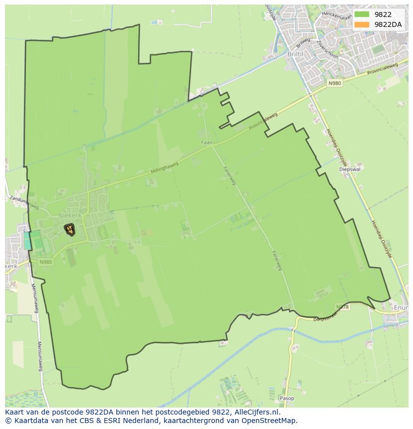Afbeelding van het postcodegebied 9822 DA op de kaart.