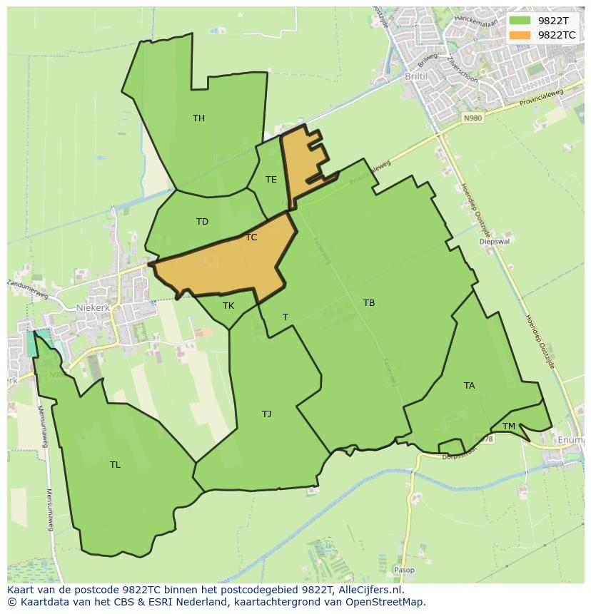 Afbeelding van het postcodegebied 9822 TC op de kaart.