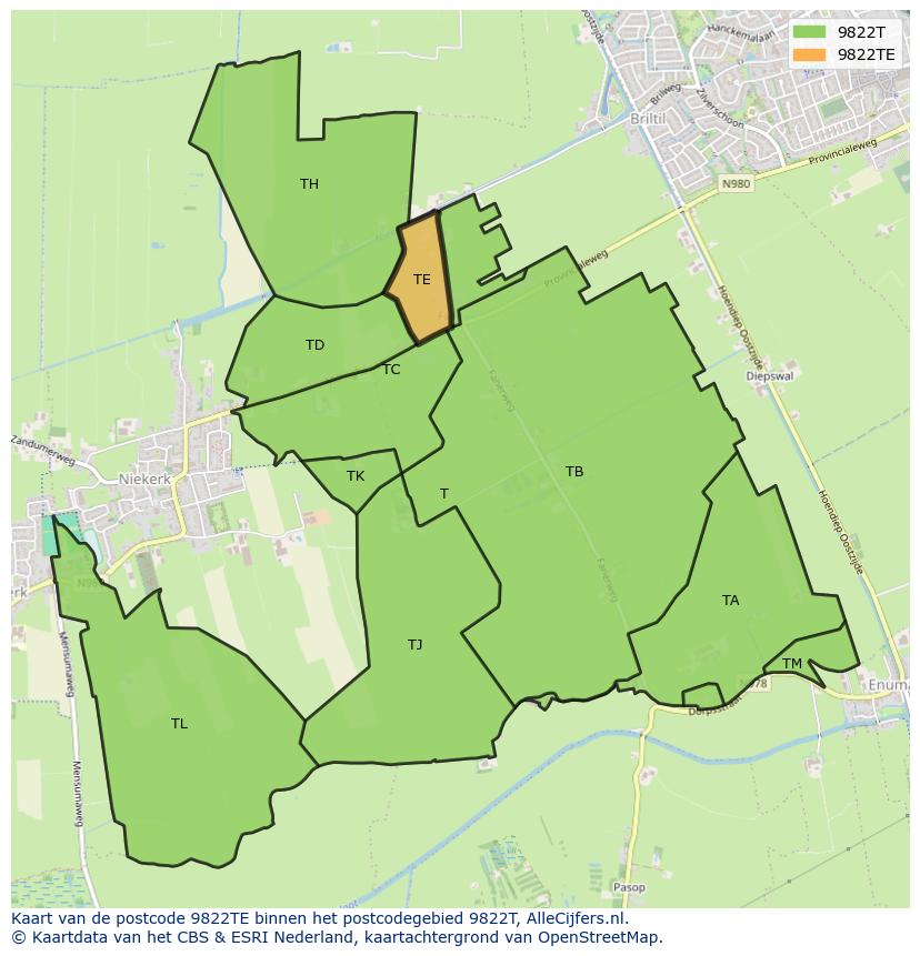 Afbeelding van het postcodegebied 9822 TE op de kaart.