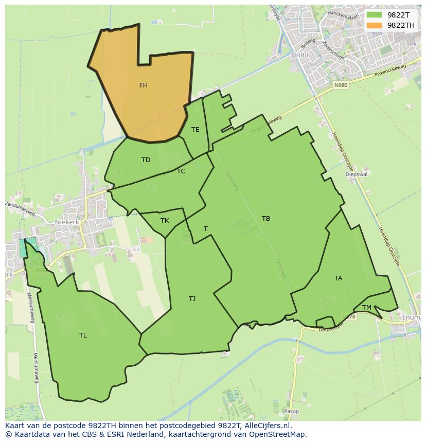 Afbeelding van het postcodegebied 9822 TH op de kaart.