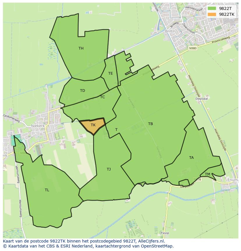 Afbeelding van het postcodegebied 9822 TK op de kaart.