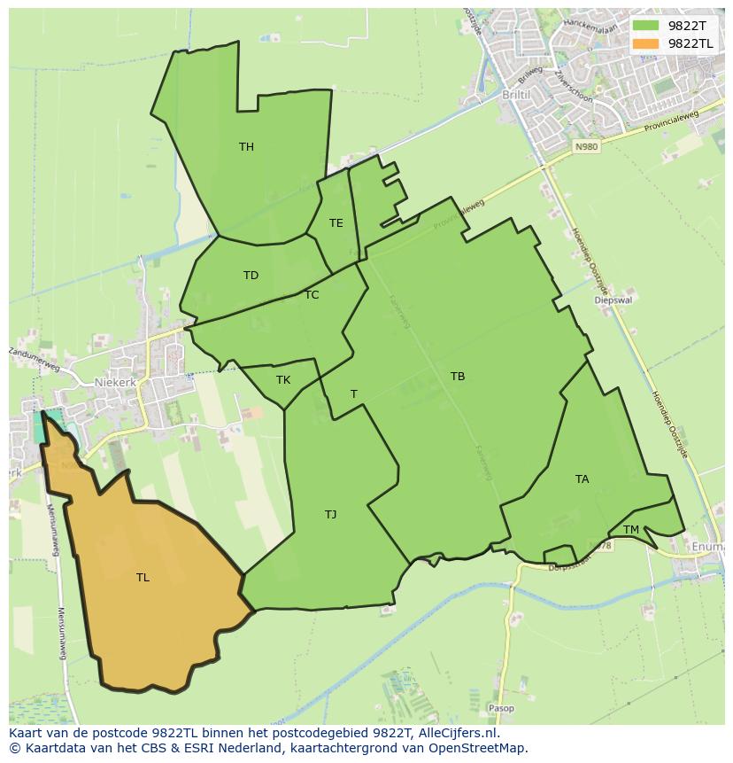 Afbeelding van het postcodegebied 9822 TL op de kaart.