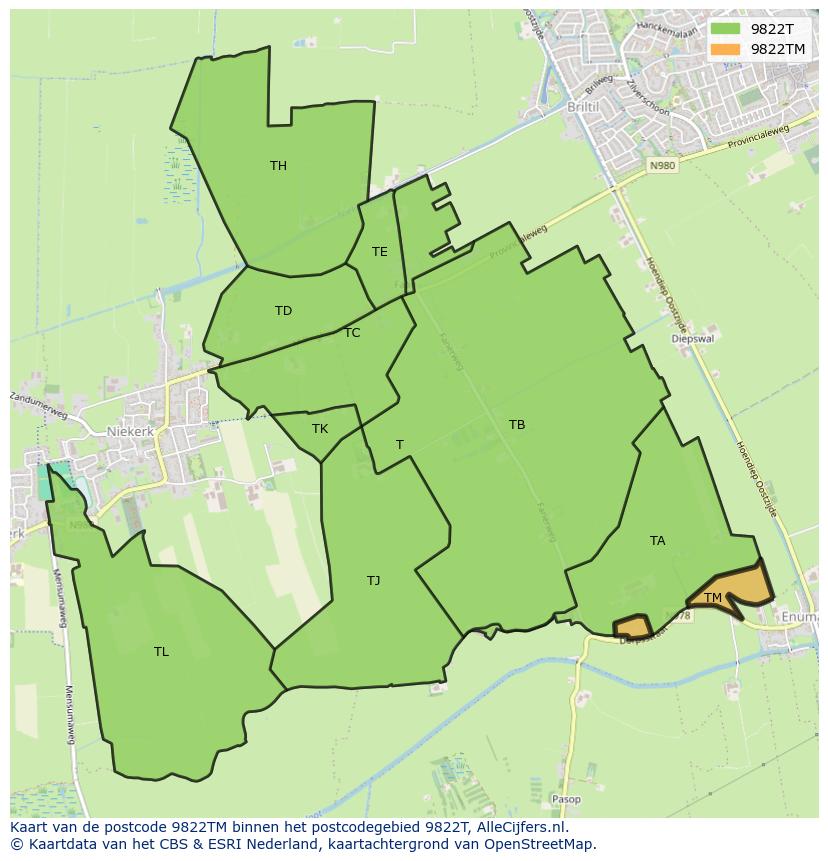 Afbeelding van het postcodegebied 9822 TM op de kaart.