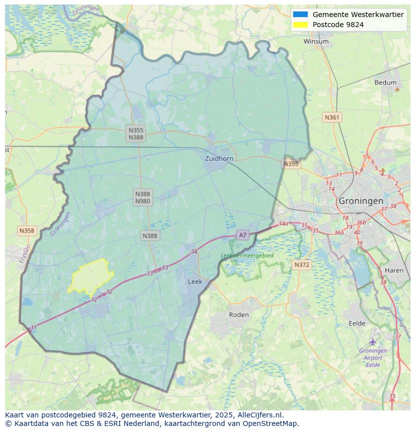 Afbeelding van het postcodegebied 9824 op de kaart.