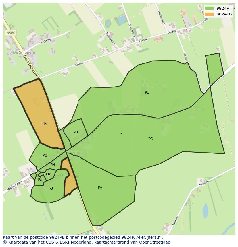 Afbeelding van het postcodegebied 9824 PB op de kaart.