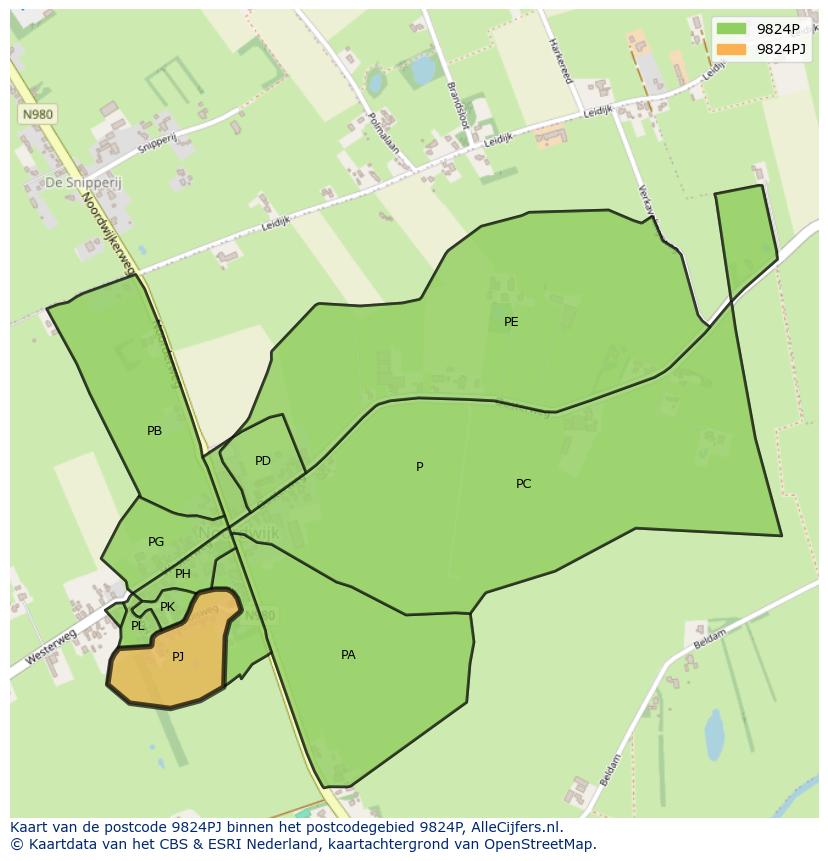 Afbeelding van het postcodegebied 9824 PJ op de kaart.