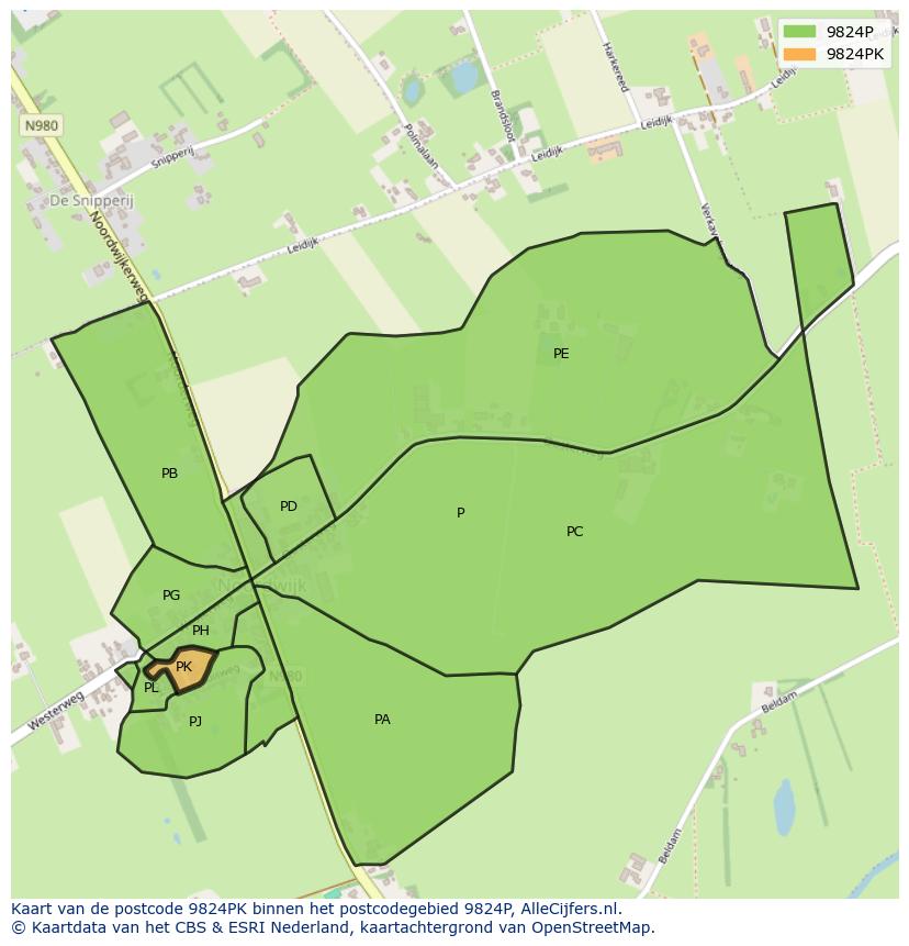Afbeelding van het postcodegebied 9824 PK op de kaart.