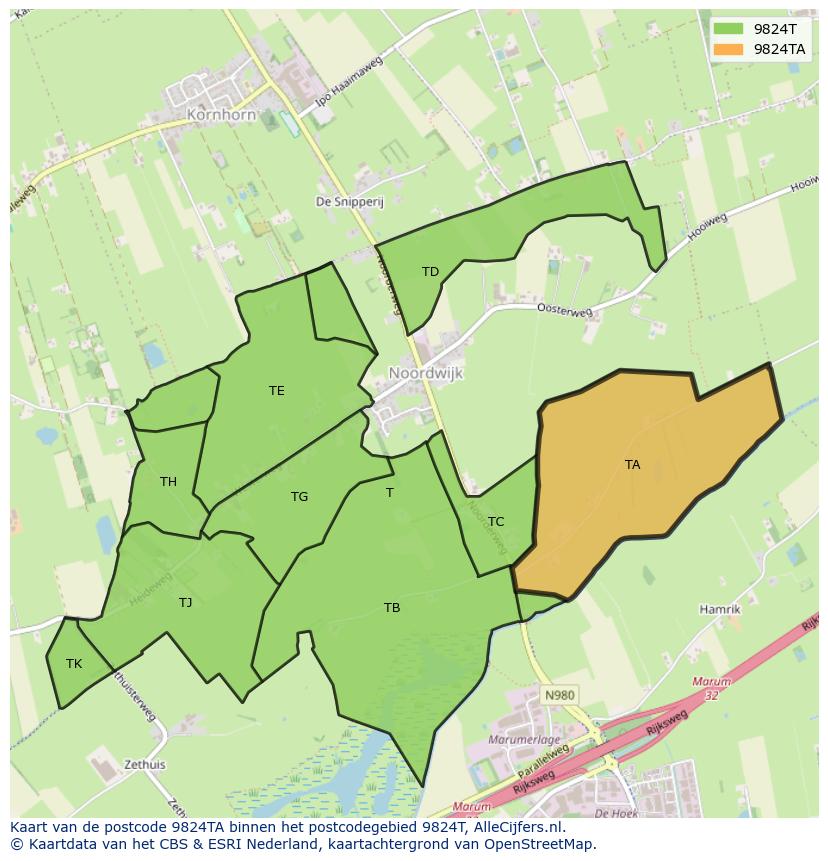 Afbeelding van het postcodegebied 9824 TA op de kaart.
