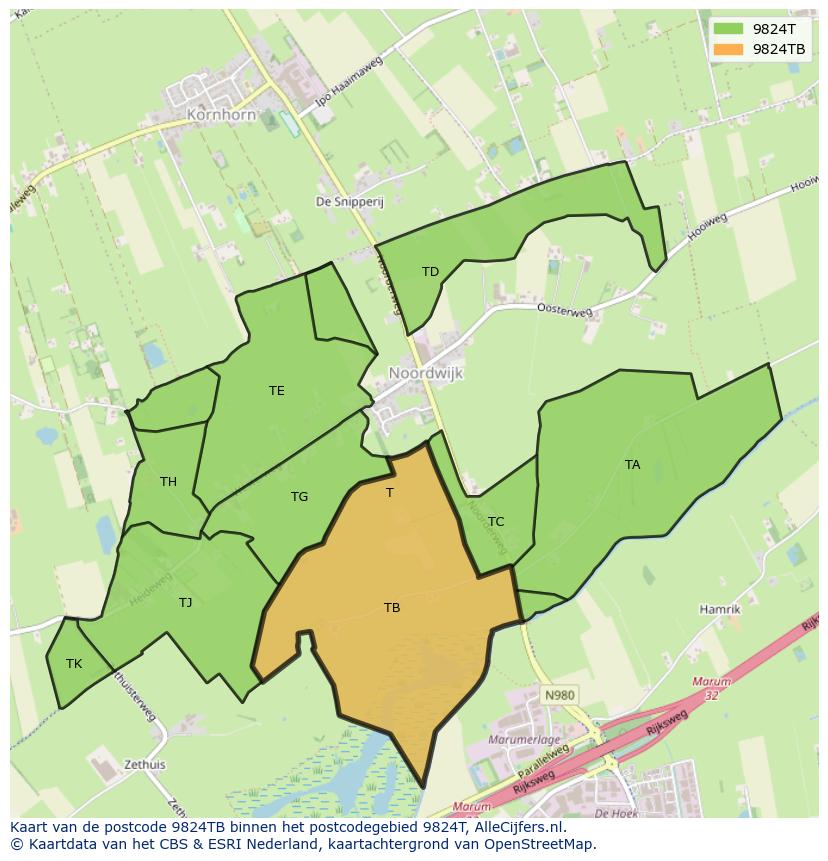 Afbeelding van het postcodegebied 9824 TB op de kaart.