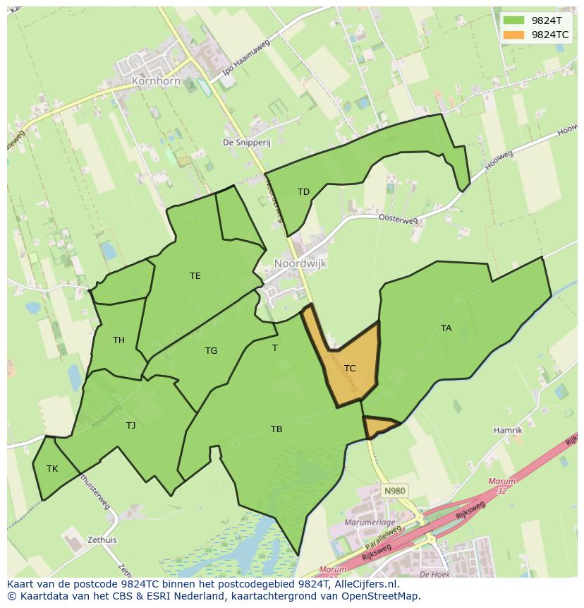 Afbeelding van het postcodegebied 9824 TC op de kaart.