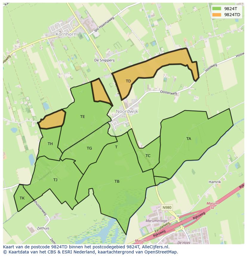 Afbeelding van het postcodegebied 9824 TD op de kaart.