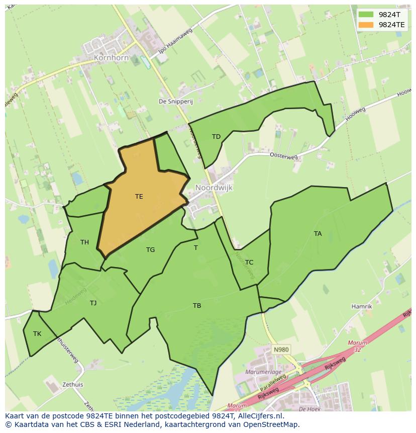 Afbeelding van het postcodegebied 9824 TE op de kaart.
