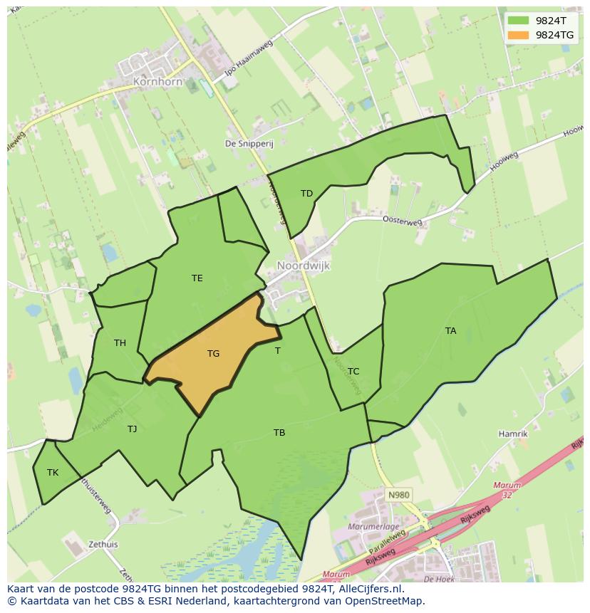 Afbeelding van het postcodegebied 9824 TG op de kaart.