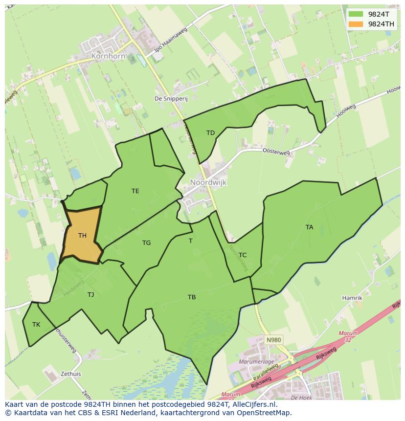 Afbeelding van het postcodegebied 9824 TH op de kaart.