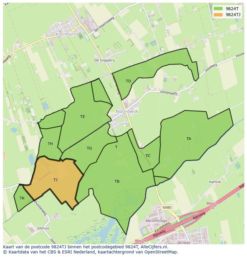Afbeelding van het postcodegebied 9824 TJ op de kaart.