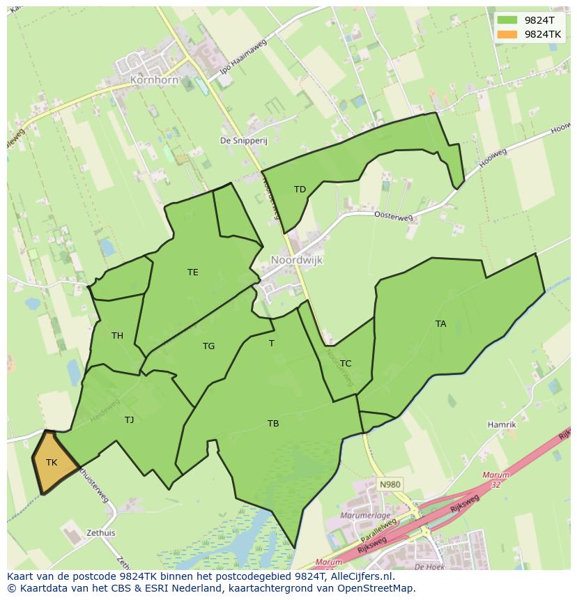 Afbeelding van het postcodegebied 9824 TK op de kaart.