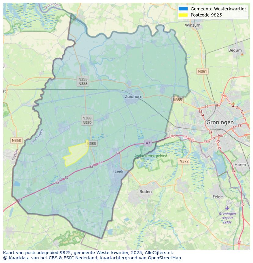 Afbeelding van het postcodegebied 9825 op de kaart.