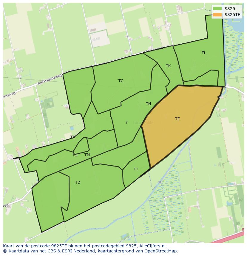 Afbeelding van het postcodegebied 9825 TE op de kaart.