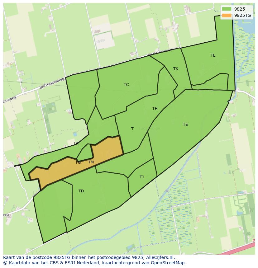 Afbeelding van het postcodegebied 9825 TG op de kaart.