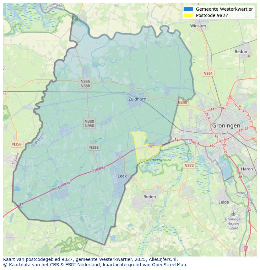 Afbeelding van het postcodegebied 9827 op de kaart.