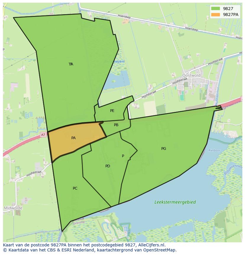 Afbeelding van het postcodegebied 9827 PA op de kaart.