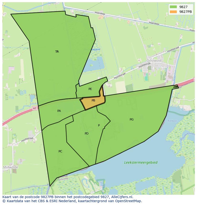 Afbeelding van het postcodegebied 9827 PB op de kaart.