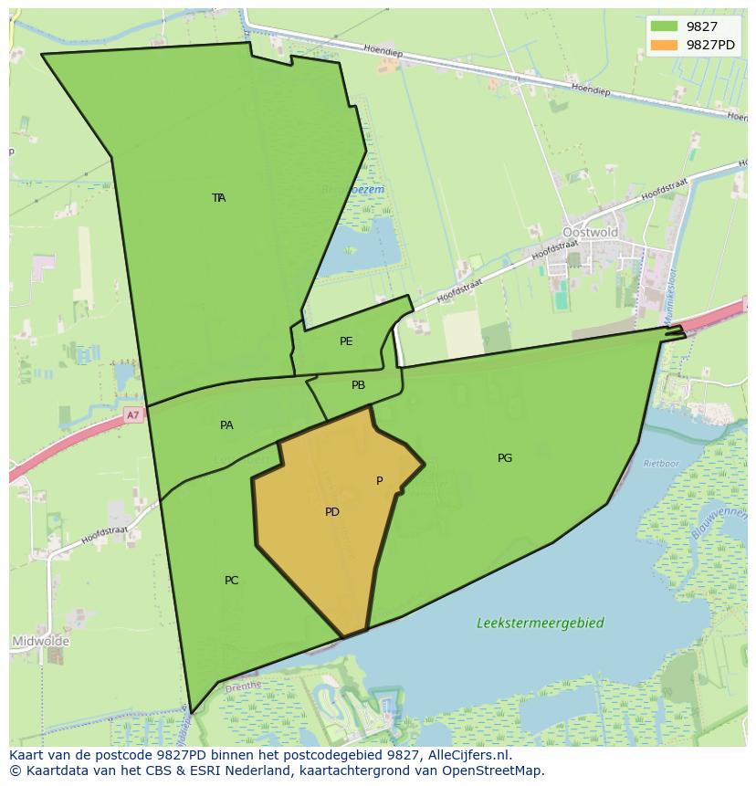 Afbeelding van het postcodegebied 9827 PD op de kaart.