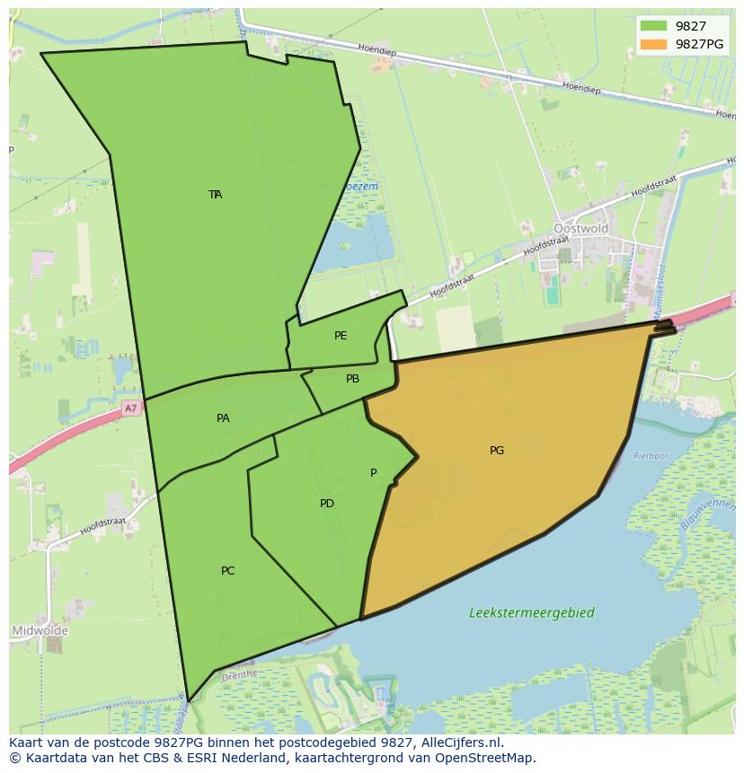 Afbeelding van het postcodegebied 9827 PG op de kaart.