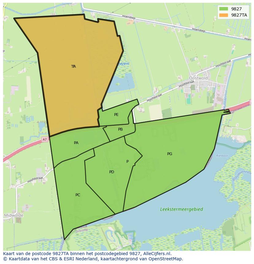 Afbeelding van het postcodegebied 9827 TA op de kaart.