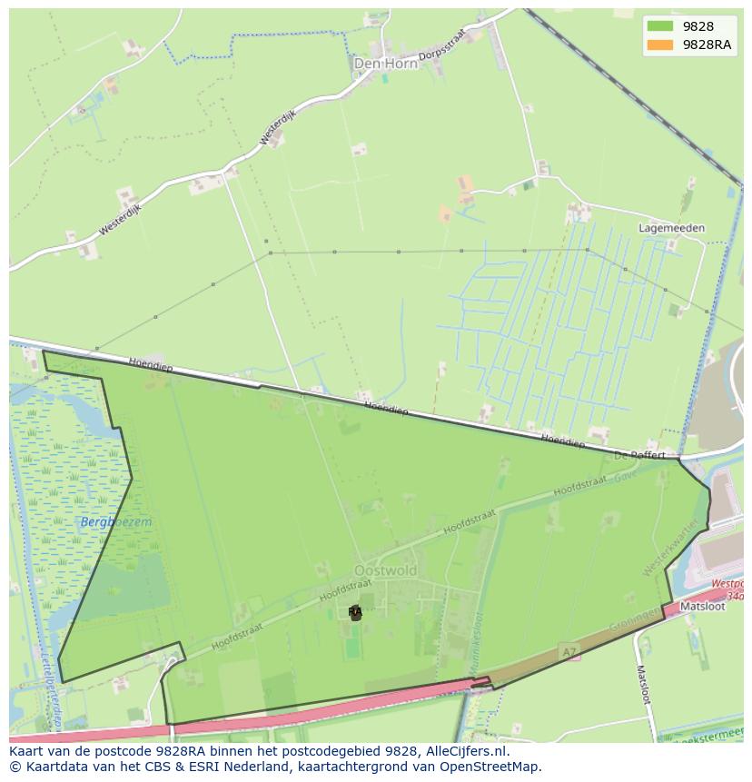Afbeelding van het postcodegebied 9828 RA op de kaart.