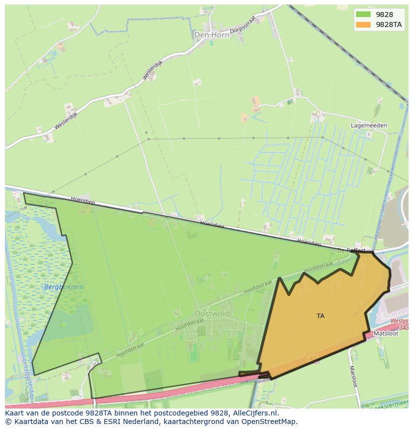 Afbeelding van het postcodegebied 9828 TA op de kaart.