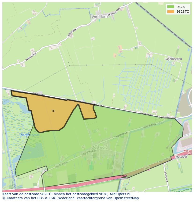 Afbeelding van het postcodegebied 9828 TC op de kaart.