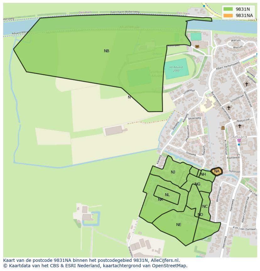 Afbeelding van het postcodegebied 9831 NA op de kaart.
