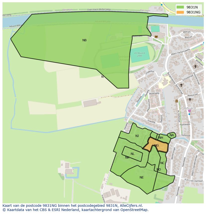 Afbeelding van het postcodegebied 9831 NG op de kaart.