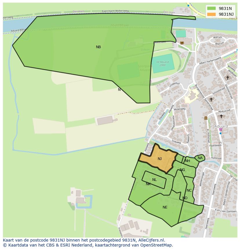 Afbeelding van het postcodegebied 9831 NJ op de kaart.