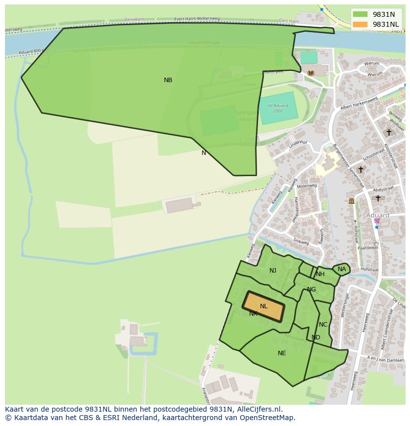 Afbeelding van het postcodegebied 9831 NL op de kaart.