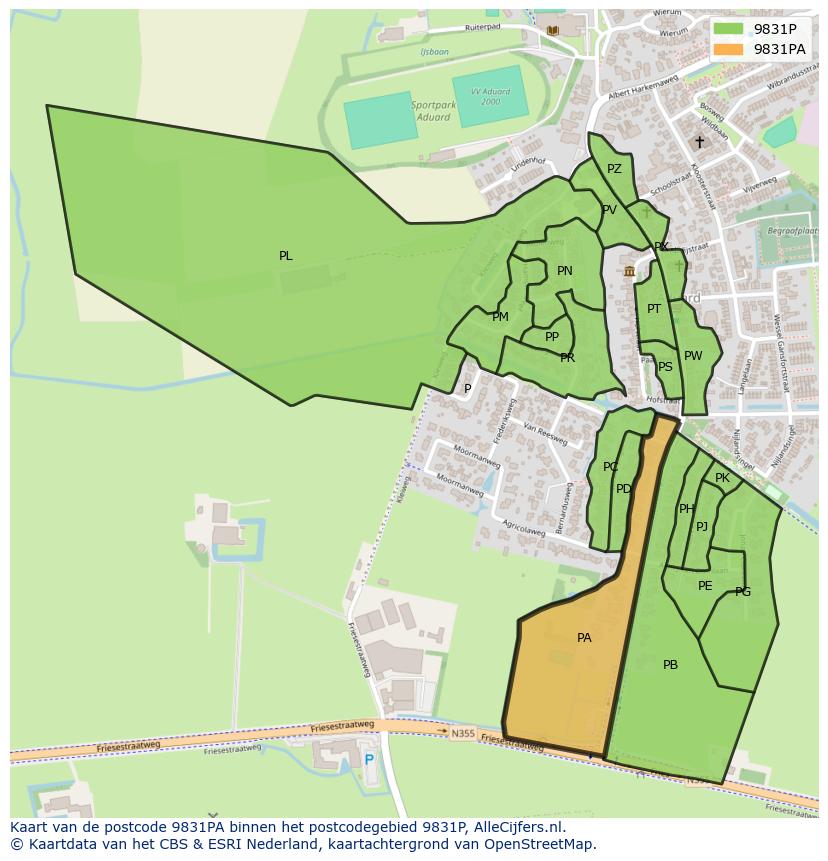 Afbeelding van het postcodegebied 9831 PA op de kaart.