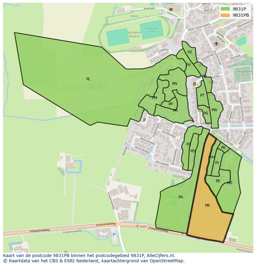 Afbeelding van het postcodegebied 9831 PB op de kaart.