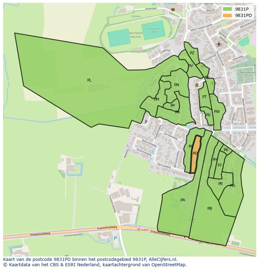 Afbeelding van het postcodegebied 9831 PD op de kaart.