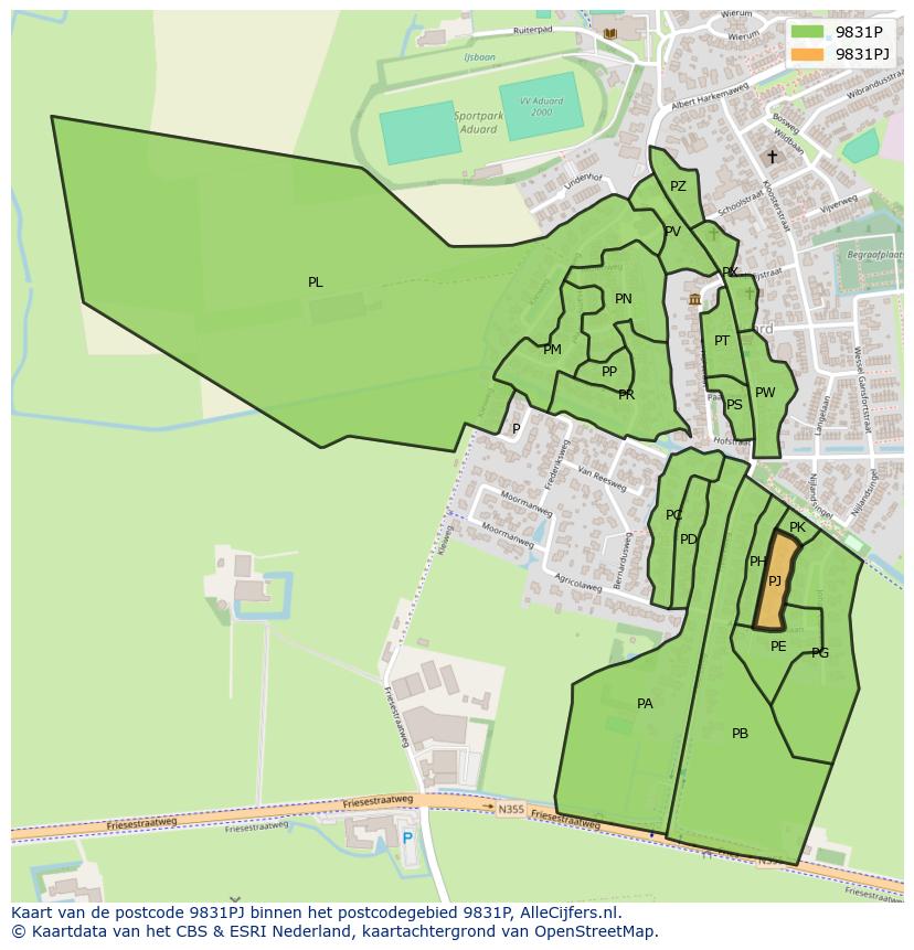 Afbeelding van het postcodegebied 9831 PJ op de kaart.